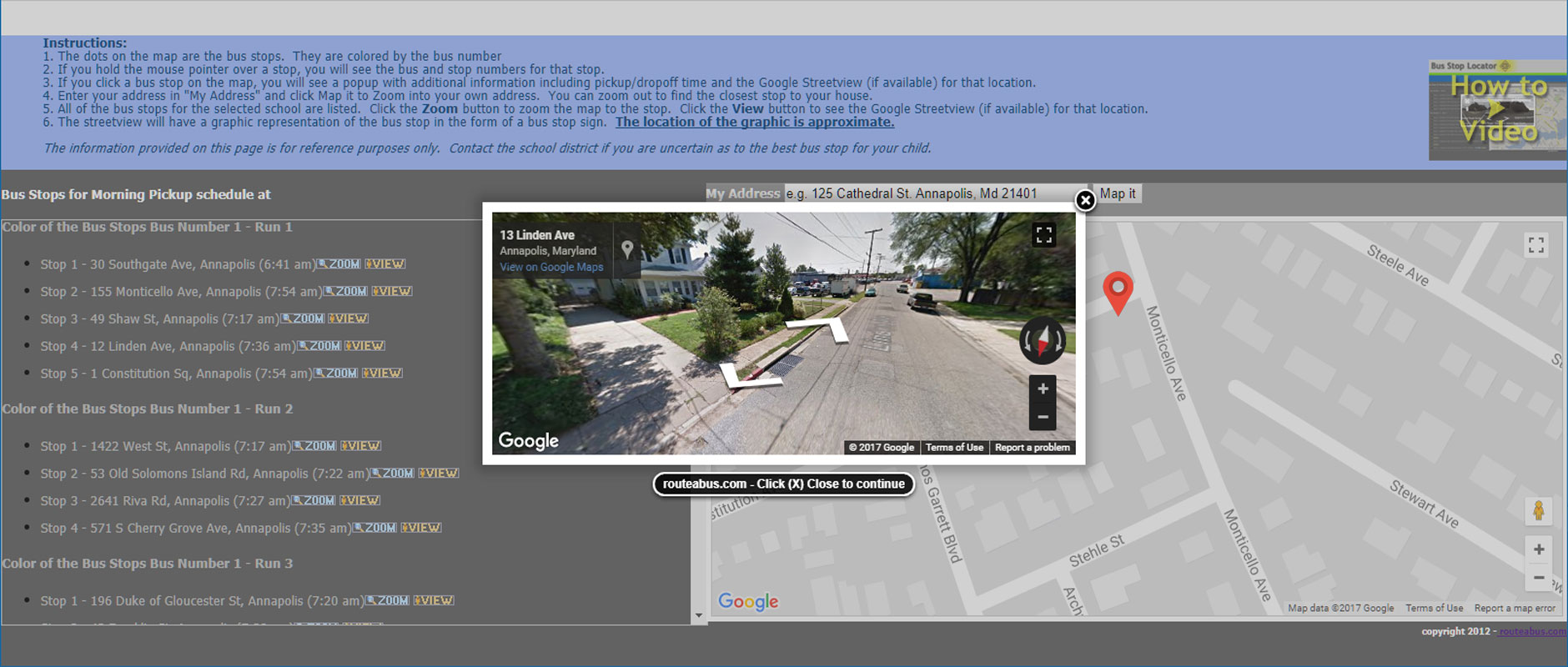 Screenshot of Bus Stop Locator software